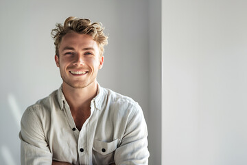 Photorealistic image of a successful young man in a shirt with an athletic build and a smile on his face, sitting against a light background. Natural light, copy space - obrazy, fototapety, plakaty