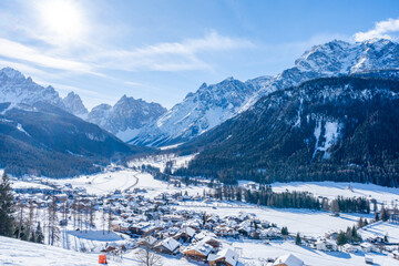 Winter landscape with snow covered Dolomites in Kronplatz, Italy