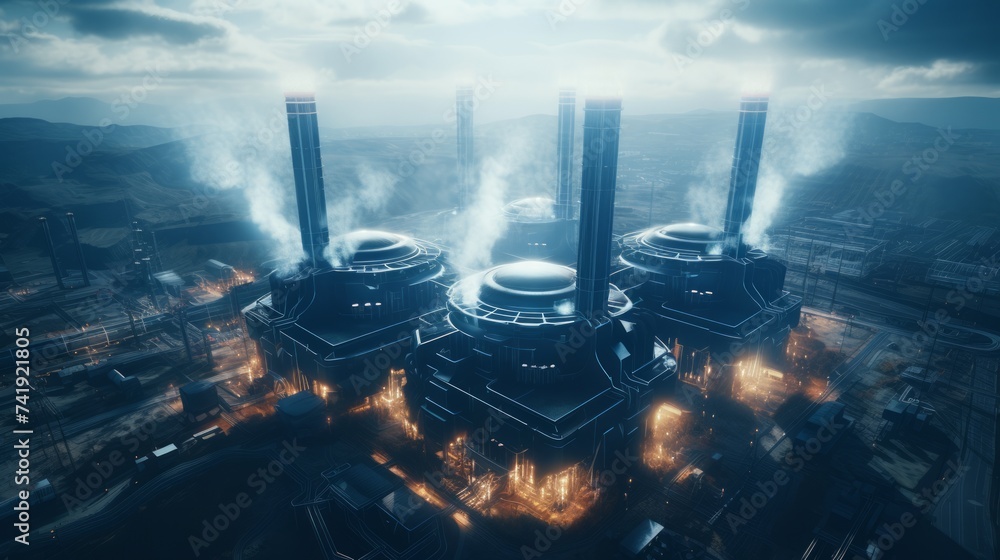 Poster generative ai a drone's-eye view of a power station, highlighting its massive turbines and transmiss