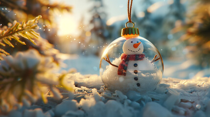 A joyful snowman nestled within a Christmas bauble amidst the wintry scenery