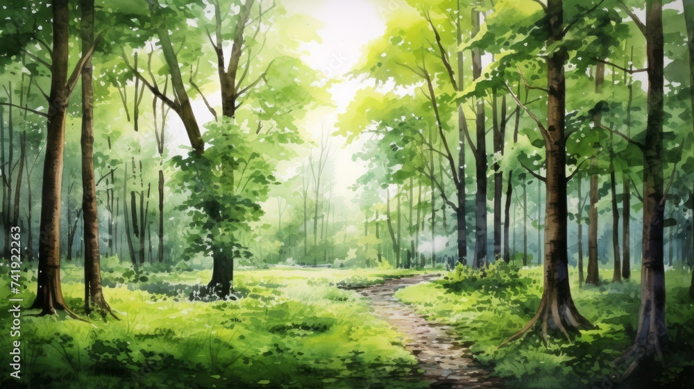 Poster Generative AI A lush, green forest with towering trees and sunlight filtering through.