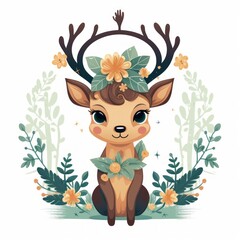 Generative AI A miniature forest guardian with antlers and flower crown, radiating serenity.