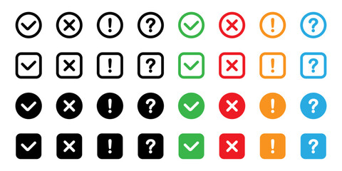 Checklist icon, check marks. Yes and no buttons. Tick, cross or question signs. True or false. Test buttons, signs or labels. tick, cross, question mark and exclamation point. Vector set