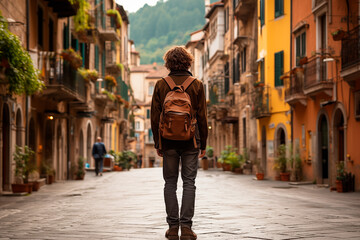 Fototapeta na wymiar young traveler walking through the streets of an old town in italy or spain. Generative AI