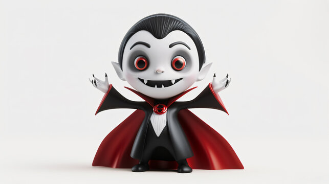 A charming and whimsical 3D illustration of a cute vampire, with adorable fangs and a mischievous smile, set against a clean white background. Perfect for Halloween designs, children's book