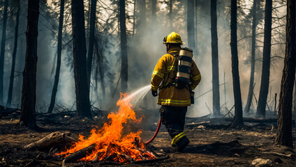 Firefighter forest fire, trees in smoke, flames protection