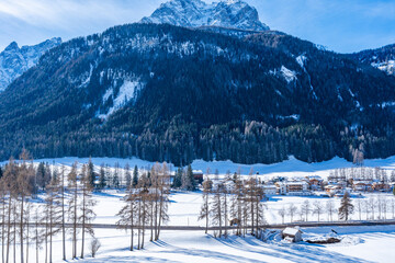 Winter landscape with snow covered Dolomites in Kronplatz, Italy