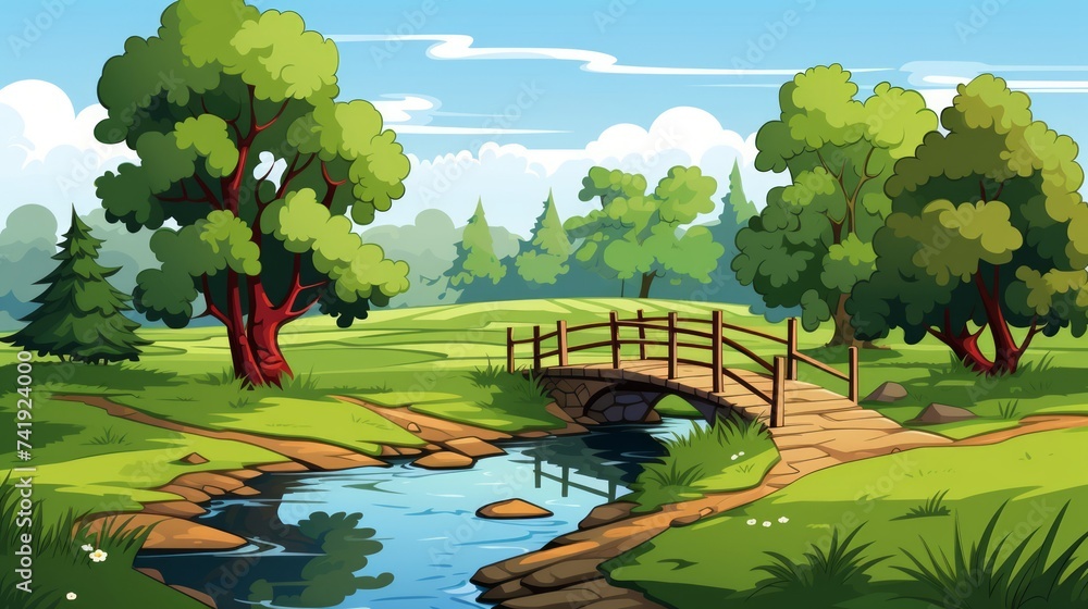 Poster generative ai a picturesque countryside scene with a small bridge over a stream.