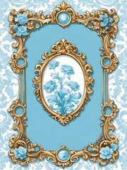ornate baroque-style frames with intricate designs and a color palette centered around gold and shades of blue