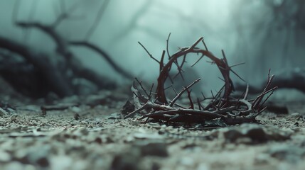 Symbolic representation of sacrifice and suffering - a crown of thorns rests on the ground, evoking a sense of contemplation and reflection. - obrazy, fototapety, plakaty