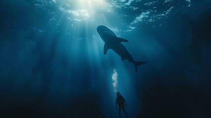 A heart-stopping moment unfolds as a fearless diver stares into the jaws of a massive shark, surrounded by the enchanting hues of the deep blue ocean.