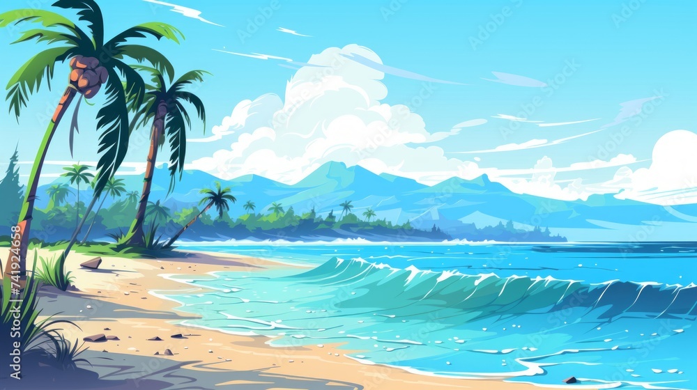 Aufkleber generative ai a serene beach with palm trees and crystal-clear waters. landscape vector cartoon grap