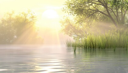 Lilac and green mist over tranquil pond, abstract spring background with sky reflections