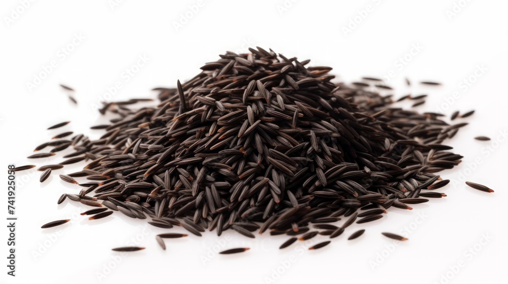 Poster A small heap of wild rice captured in a close-up realistic photo against a white background Generative AI