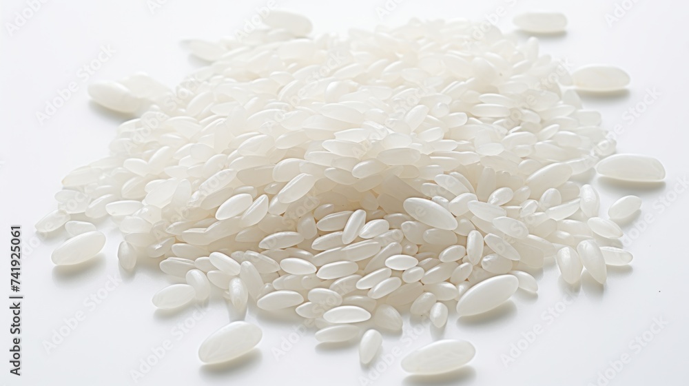 Poster A small heap of rice grains captured in a close-up realistic photo against a white background Generative AI