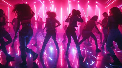 High-energy dance scene in a neon-lit club, capturing the lively motion and expressions of ecstatic...