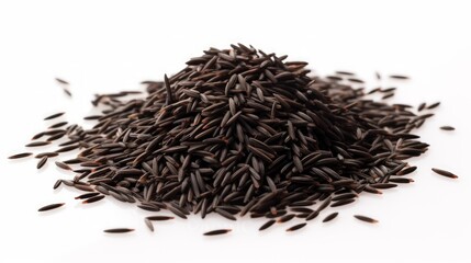 A small heap of wild rice captured in a close-up realistic photo against a white background Generative AI