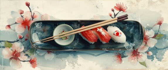 A painting showcasing a plate filled with a variety of colorful sushi rolls, neatly arranged to display traditional Japanese cuisine. A pair of chopsticks rests beside the plate, ready for use