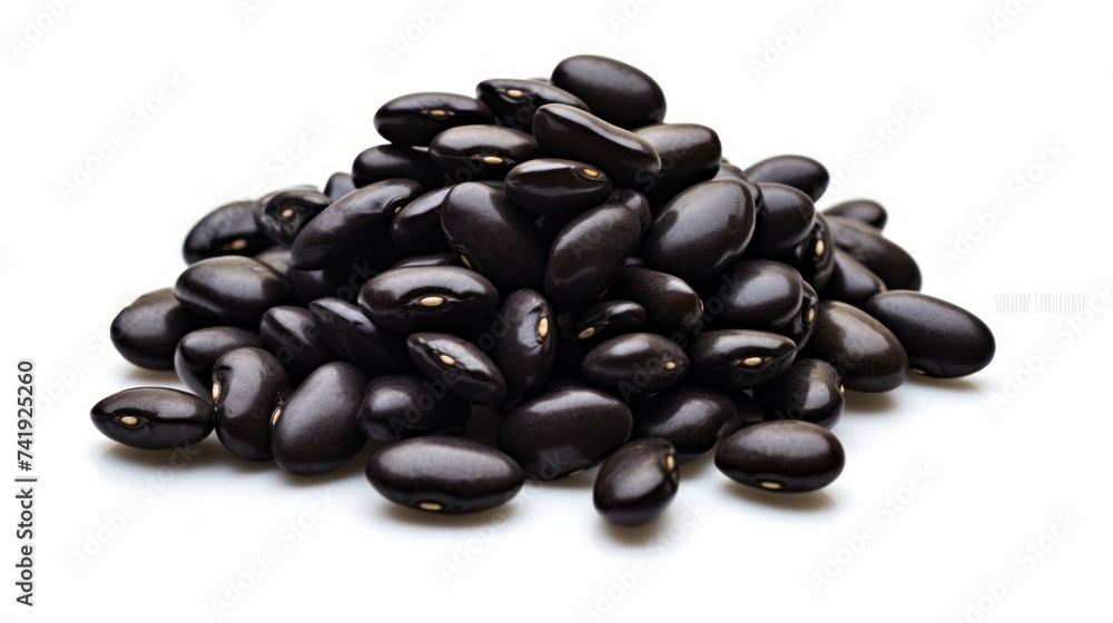 Poster a small pile of black beans showcased in a close-up realistic photo against a white background gener