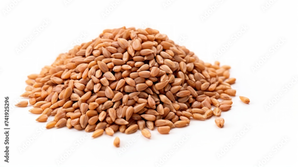 Poster a small pile of farro grains showcased in a close-up realistic photo against a white background gene