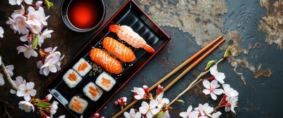 A plate filled with different types of sushi, such as maki rolls and nigiri, is placed on a table. Next to it, a pair of chopsticks is positioned for picking up the delicate sushi pieces