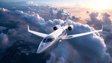 A captivating stock image of a magnificent luxury private jet soaring through the clear blue sky, highlighting its elegantly streamlined design and unparalleled exclusivity. - obrazy, fototapety, plakaty