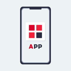 Mobile application on smartphone. The app logo on the phone is 4 squares. Isolated technique. Technology. Program development. Marketing Banner Template. Device. Flat style. Color Vector illustration