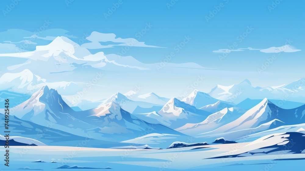 Poster generative ai a snowy mountain range against a clear blue sky. vector cartoon graphic