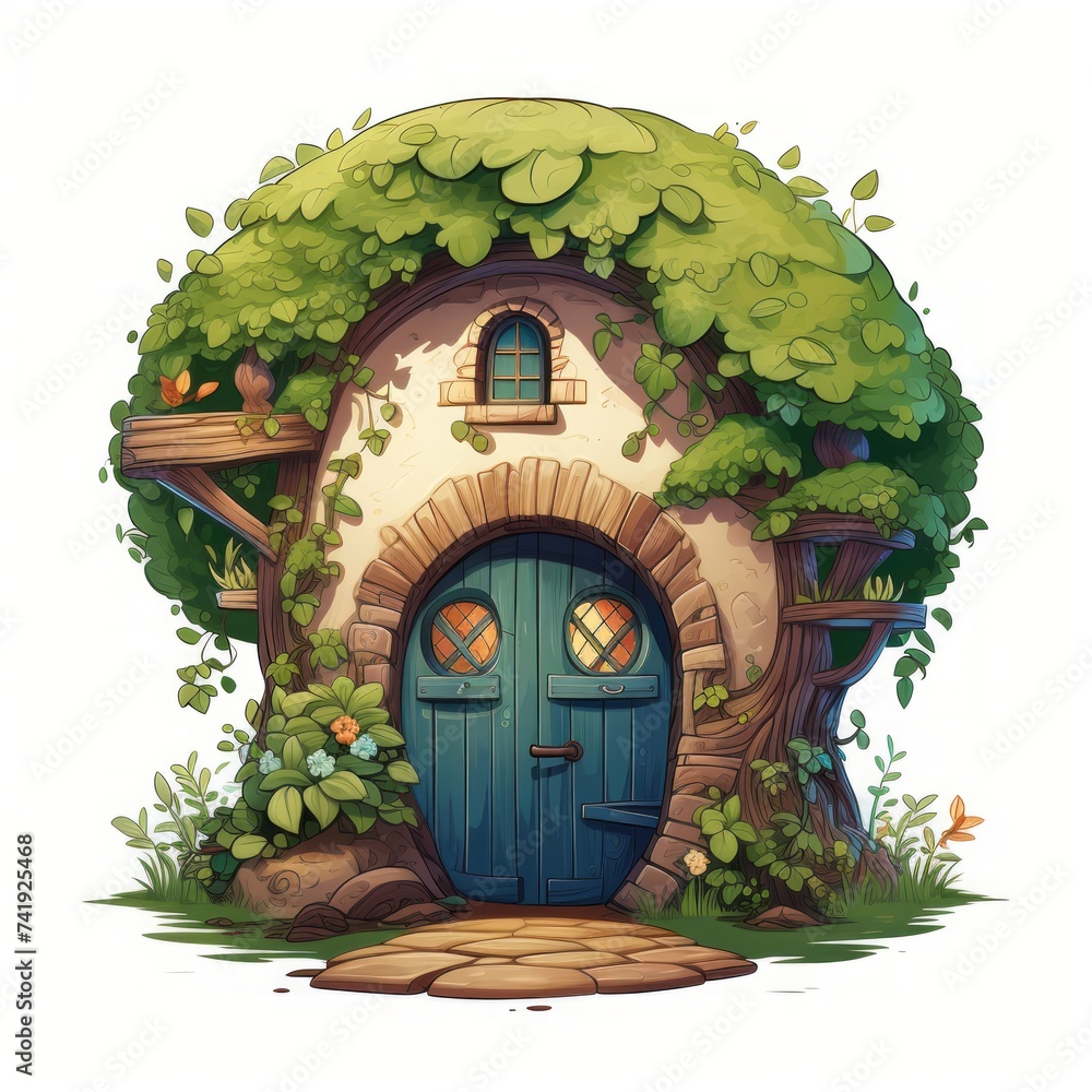 Poster generative ai a storybook-like house showcasing a round door and a slanted roof covered in foliage.