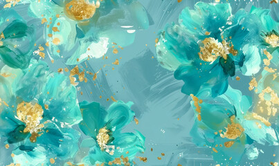 turquoise and gold floral impressionism for luxurious wall art and home decor