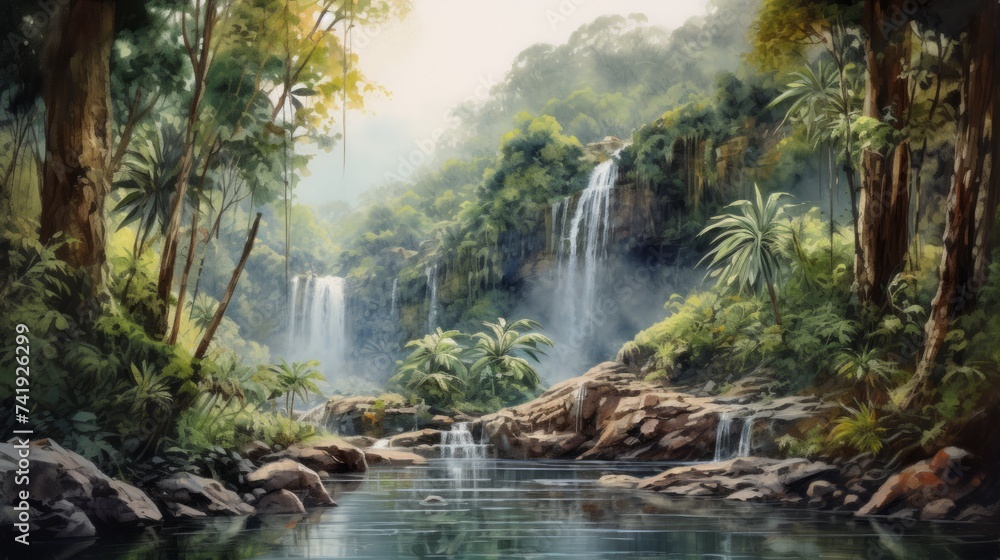 Poster generative ai a tropical rainforest with diverse vegetation and a waterfall.