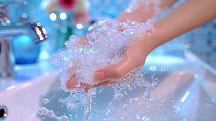 Fototapeta premium Ritual hand washing macro shot of ceremonial hand wash with water droplets and reflections