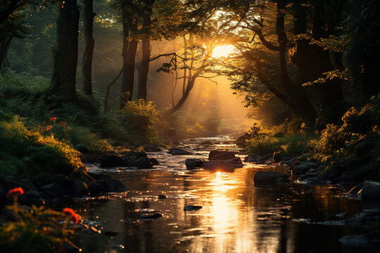 River in the tropical forest. Warm sunlight. Generated by artificial intelligence
