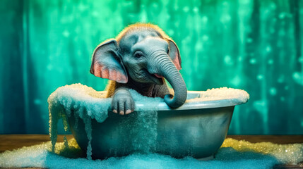 A playful baby elephant splashes joyfully in a bubbly bath