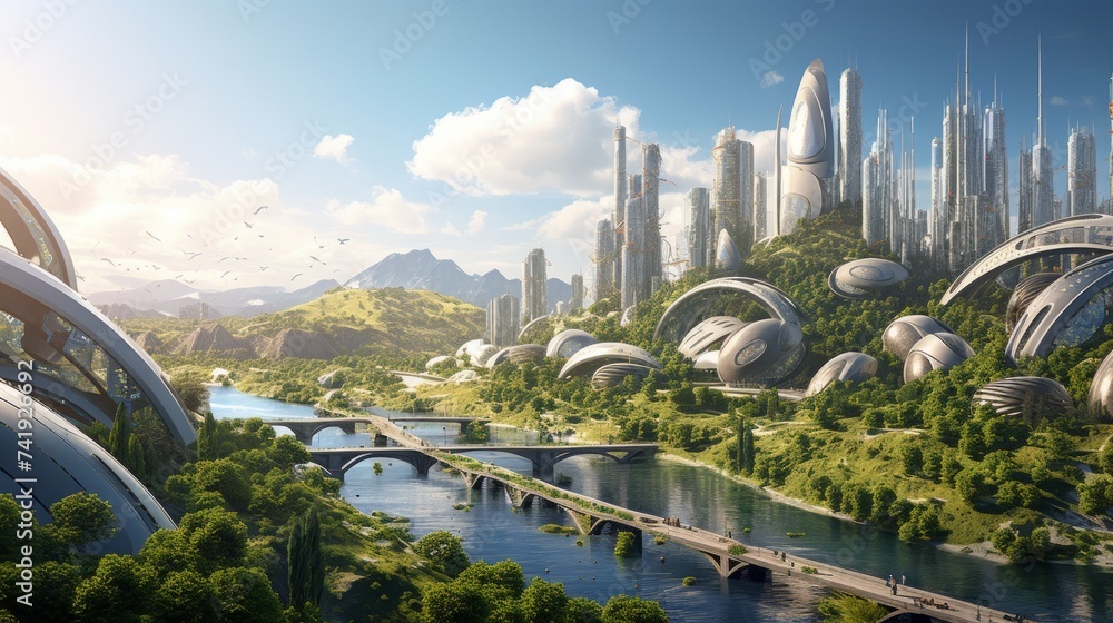 Poster generative ai a visionary city skyline adorned with magnificent, spiraling towers and interconnected