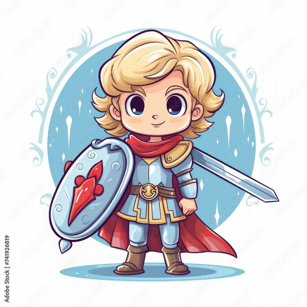 Poster generative ai a young fairy tale warrior equipped with a tiny sword and shield, ready for adventure.