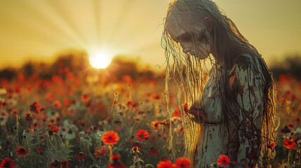Beautiful woman zombie walking dead through a wildflower field at sunset.