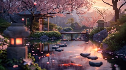 Obraz na płótnie Canvas The warm sunset glow reflects on the tranquil waters of a koi pond by a traditional Japanese pavilion, surrounded by the soft pink hues of cherry blossoms. Resplendent.