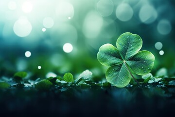 Macro closeup of a four leaf lucky clover on a blurred St. Patrick's bokeh background