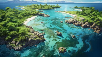 Fototapeta na wymiar Generative AI An aerial perspective capturing an unspoiled tropical island landscape, where palm-fringed shores meet sparkling waters dotted with colorful coral reefs