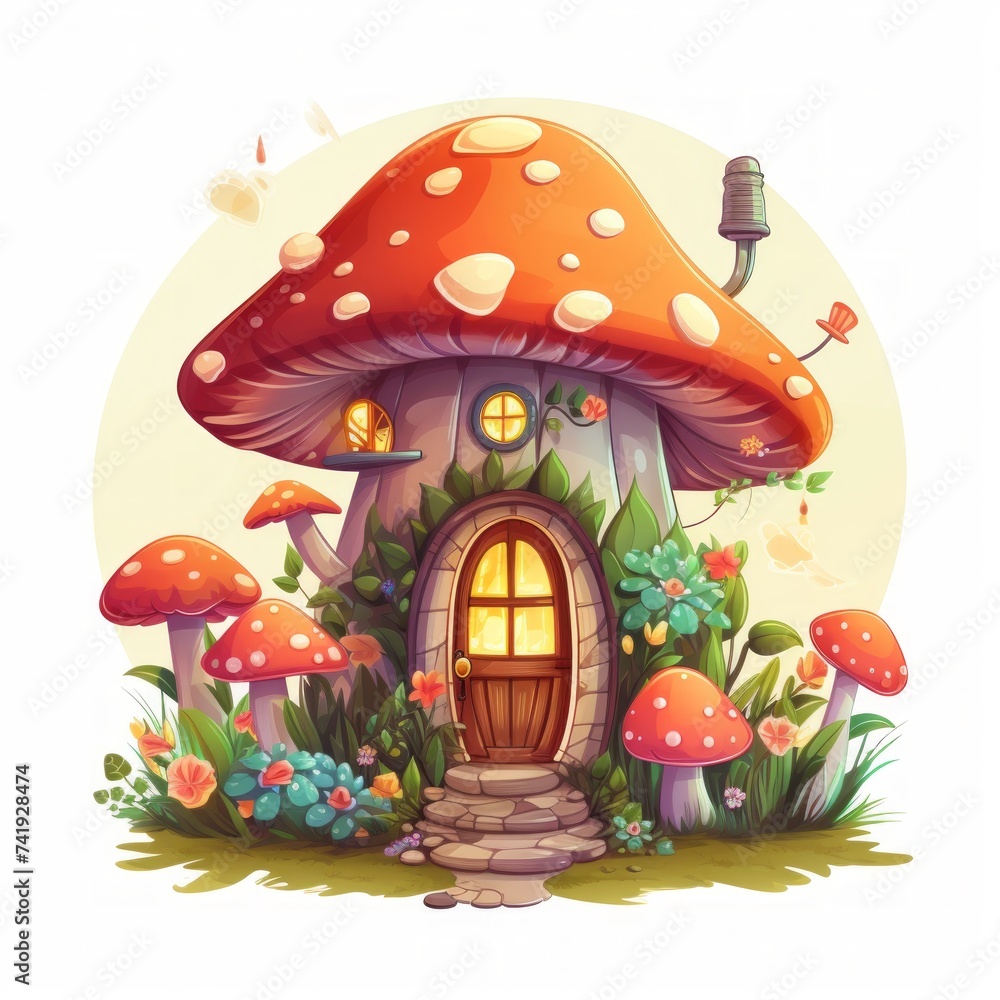 Poster generative ai an enchanting cottage adorned with fairy lights and surrounded by whimsical mushrooms.