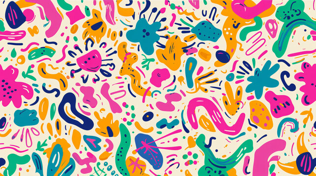 A vibrant and lively seamless pattern featuring a whimsical arrangement of colorful, abstract doodles. Perfect for adding a playful and creative touch to any project or design.