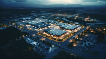 Generative AI An industrial park with various manufacturing facilities, highlighted by aerial shots capturing their scale.