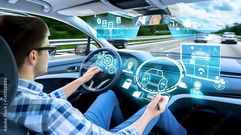 Poster engineer programming autonomous vehicle with machine learning and holographic elements