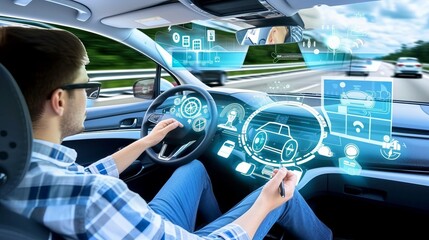 Engineer programming autonomous vehicle with machine learning and holographic elements