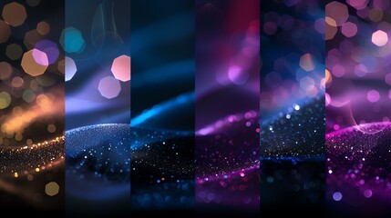 A mesmerizing collection of bokeh and glitter effects in black, a deep blue abstract wave, a stunning purple gradient with polygonal shapes, and a dreamy blurred background of a lit street. - obrazy, fototapety, plakaty