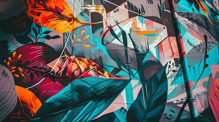 A stunning vibrant mural adorns the wall of an urban building, adding a burst of color and creativity to the cityscape. This eye-catching artwork showcases intricate designs, vivid hues, and