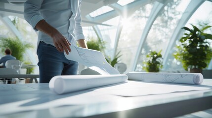 An architect stands beside a table, on which a sheet of paper is placed. The man appears to be observing or reading the contents of the paper