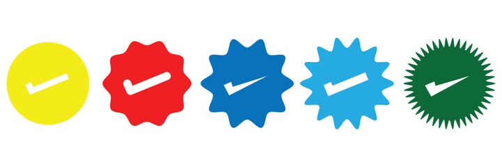 Verified badge tick mark icon, verified and authentic tick mark icon approve sign. Set of social media verified icons. Internet top rank stamp. Vector illustration. Eps file 524.