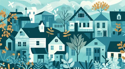 Serene illustrations of healthcare scenes in soothing blues and whites, complemented by charming community houses in earthy tones. - obrazy, fototapety, plakaty